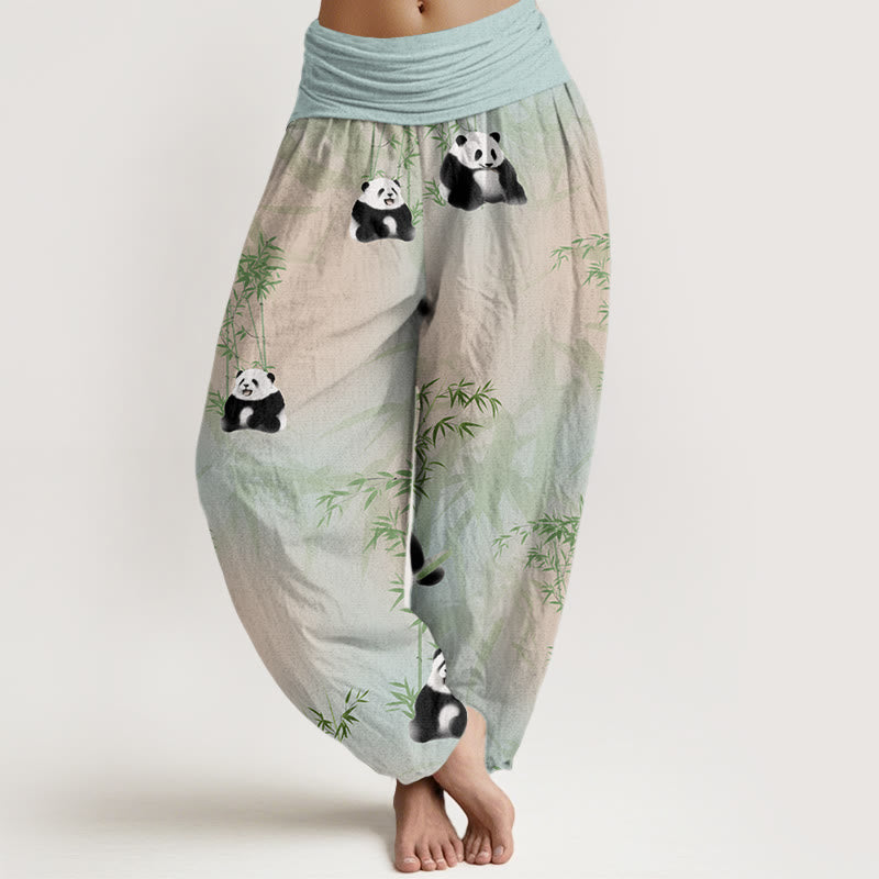 Panda Bamboo Pattern Women's Elastic Waist Harem Pants