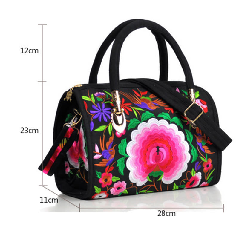 Money Tree Peony Camellia Double-Sided Embroidery Canvas Shopping Purse Handbag Crossbody Bag