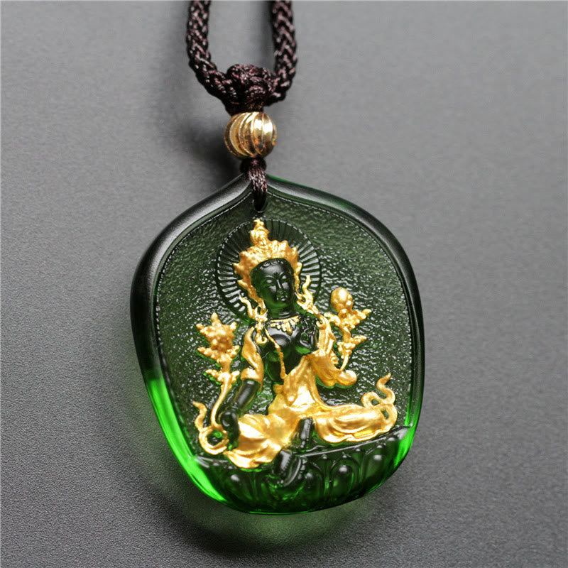 Tibetan Green Tara mystic zen Gold Plated Liuli Crystal Protection Necklace Pendant