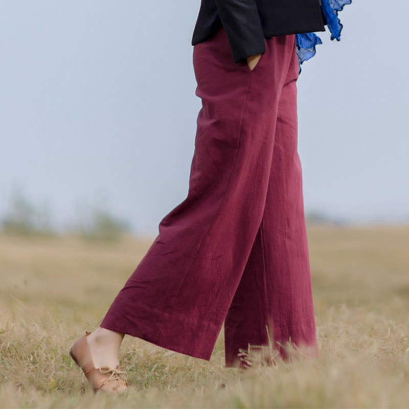 Casual Plain Loose Women's Ramie Wide Leg Pants With Pockets