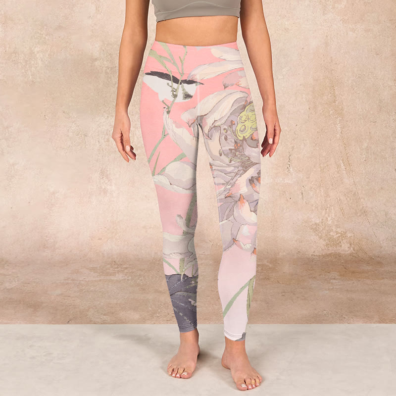 Withered White Lotus Print Gym Leggings Women's Yoga Pants