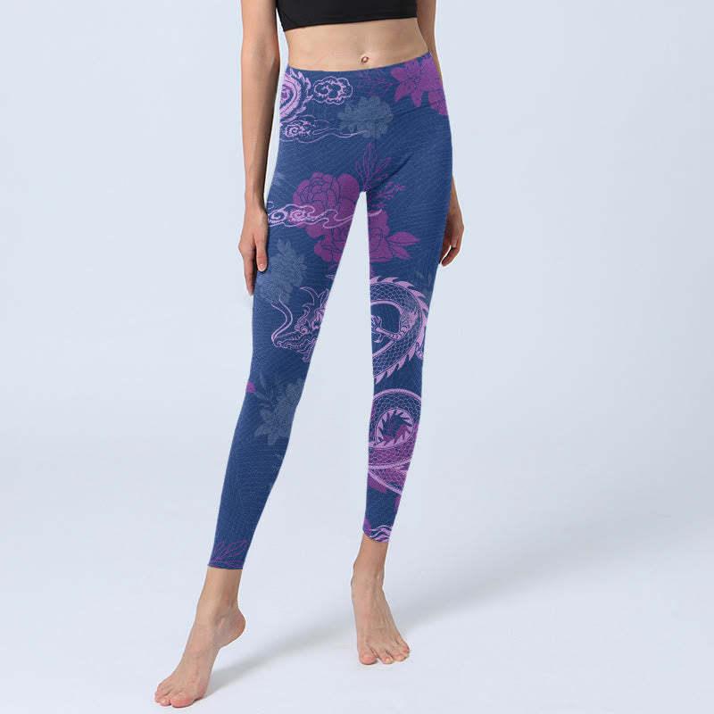 Purple Dragon Phoenix Flowers Print Gym Leggings Women's Yoga Pants