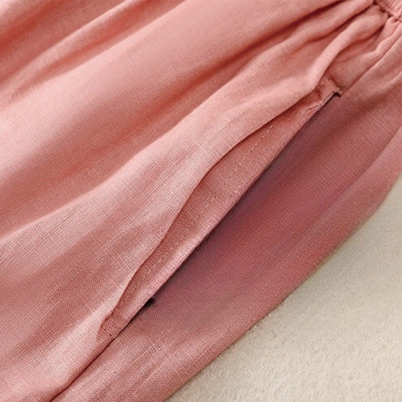 Pure Color Drawstring Frog-Button Cotton Linen Women's Harem Pants With Pockets