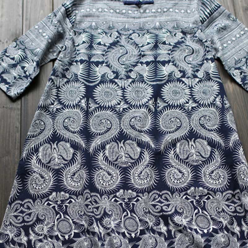 Blue White Flower Printed Button Midi Dress Three Quarter Sleeve Cotton Linen Dress With Pockets