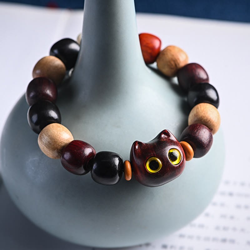 Small Leaf Red Sandalwood Ebony Wood Cute Cat Engraved Protection Bracelet