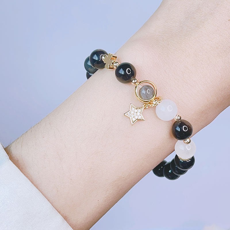 Natural Silver Sheen Obsidian Love Heart Star Flower Protection Bracelet (Extra 30% Off | USE CODE: FS30)