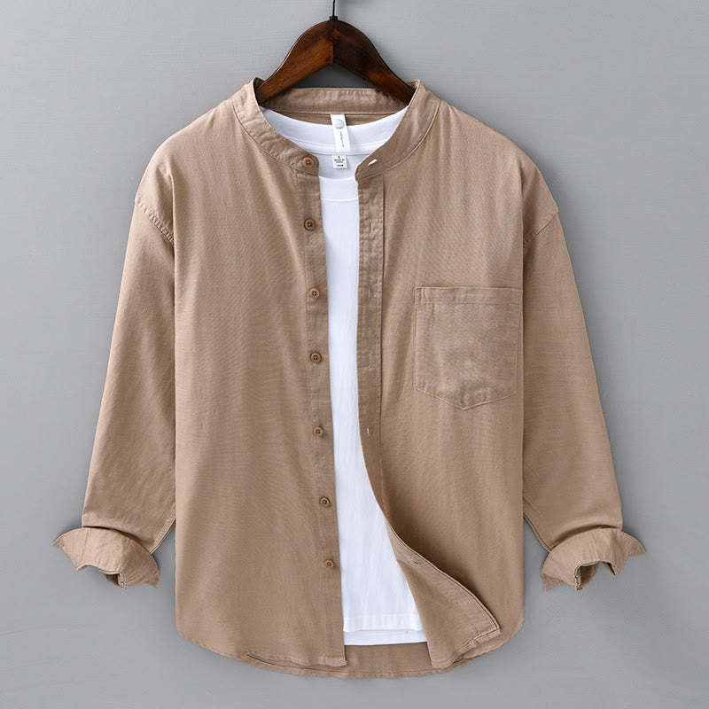 Men's Long Sleeve Stand Collar With Pocket Pure Color Casual Cotton Linen Shirt
