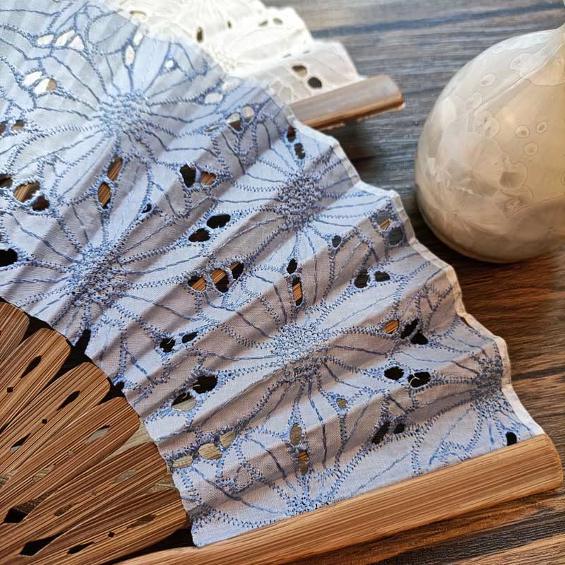 Solid Color Hollow Flowers Embroidery Cotton Fabric Handheld Bamboo Folding Fan
