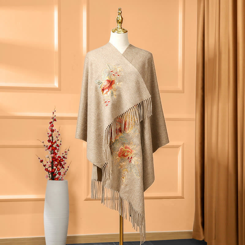 Wool Shawl Red Pink Flower Embroidery Tassel Winter Cozy Travel Scarf Wrap