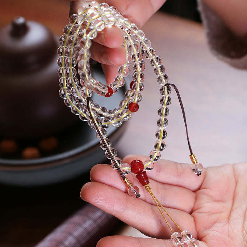 108 Mala Beads 925 Sterling Silver Natural White Agate Red Agate Quadruple Wrap Protection Bracelet