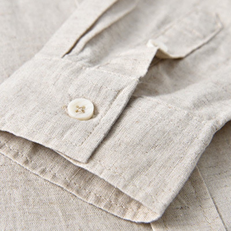 Men's Long Sleeve Stand Collar With Pocket Pure Color Casual Cotton Linen Shirt