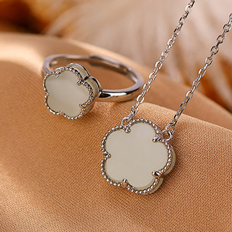 925 Sterling Silver Plated Gold Natural Hetian Jade Flower Luck Necklace Pendant Ring Set