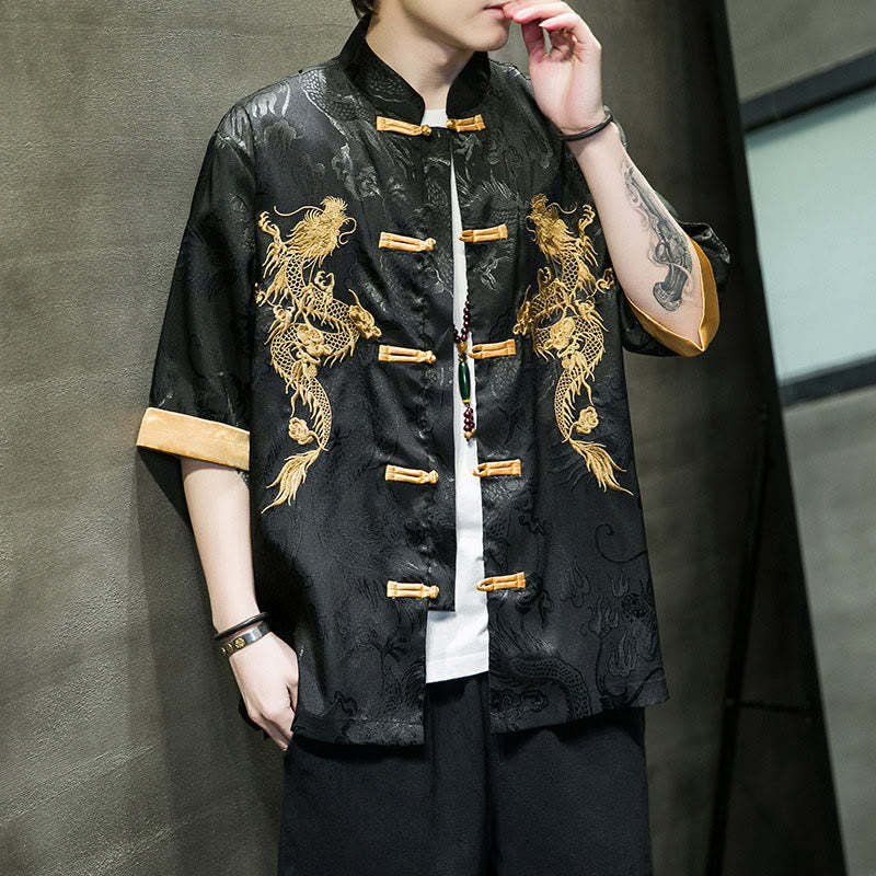 Frog-Button Chinese Dragon Embroidery Half Sleeve Shirt Linen Men Clothing