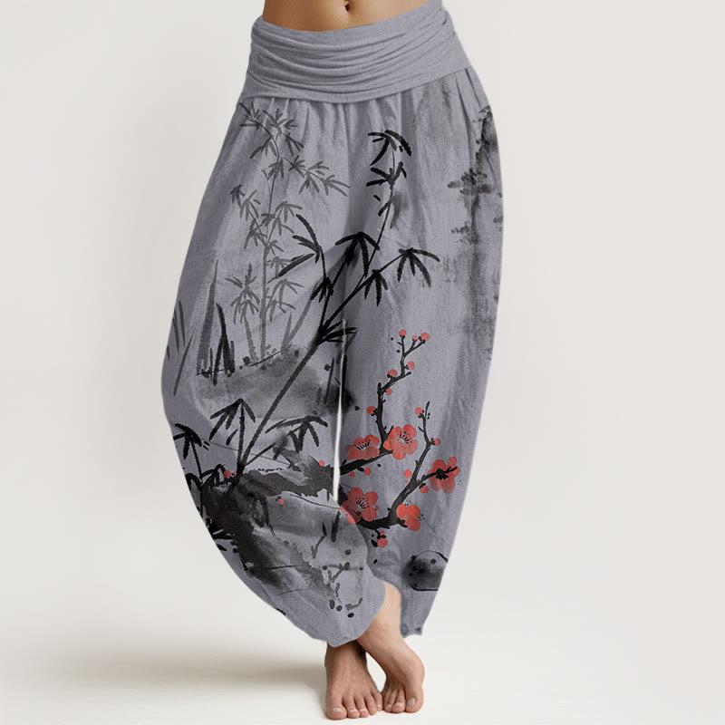 Plum Blossoms Bamboo Orchids Chrysanthemums Pattern Women's Elastic Waist Harem Pants