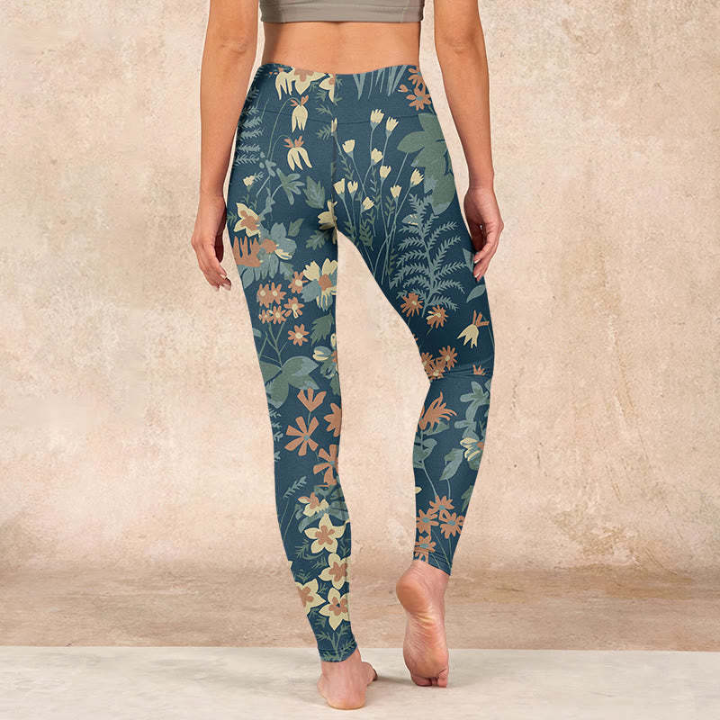 Casual Daisy Flowers Leaves Print Gym Fitness Leggings Women's Yoga Pants