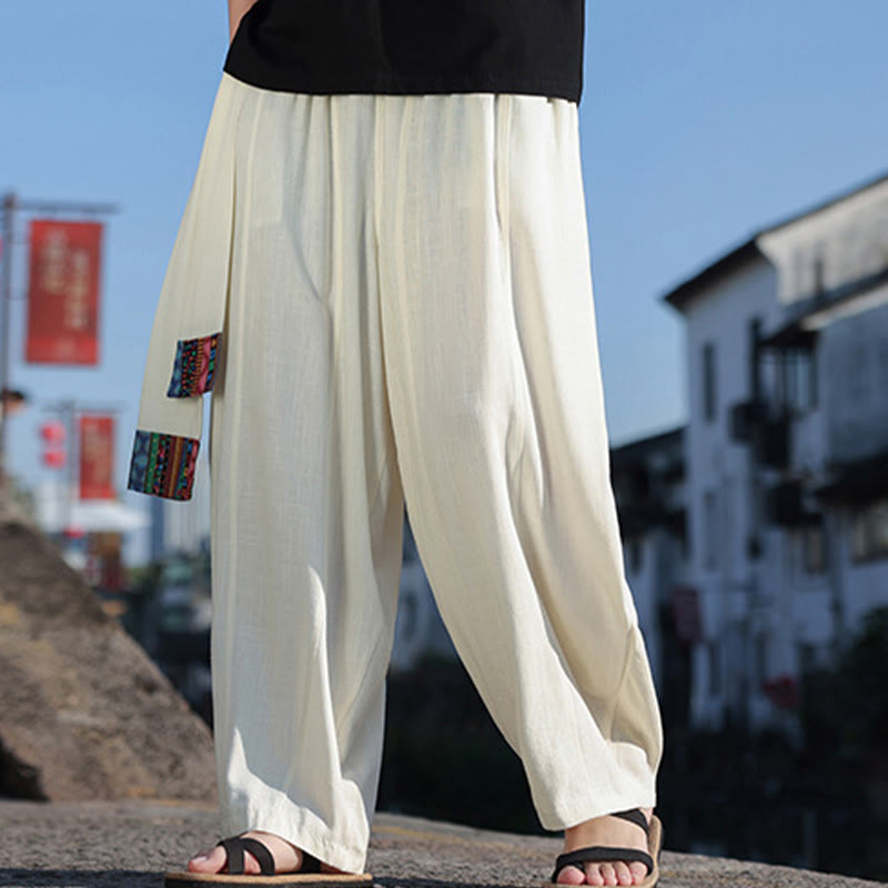 Simple Patchwork Design Drawstring Soft Cotton Men's Wide Leg Pants With Pockets