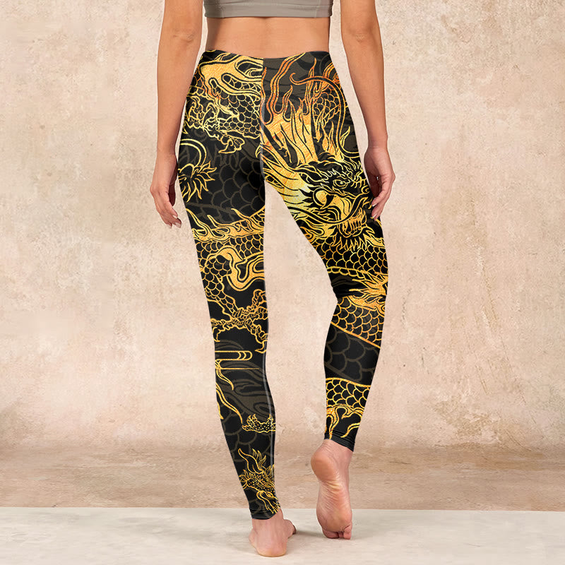 Golden Dragon Print Gym Leggings Women's Yoga Pants