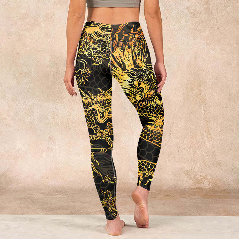 Golden Dragon Print Gym Leggings Women's Yoga Pants
