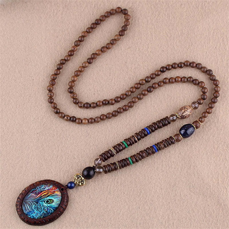 Tibetan Wenge Wood Bodhi Seed Agate Elephant Protection Necklace Pendant