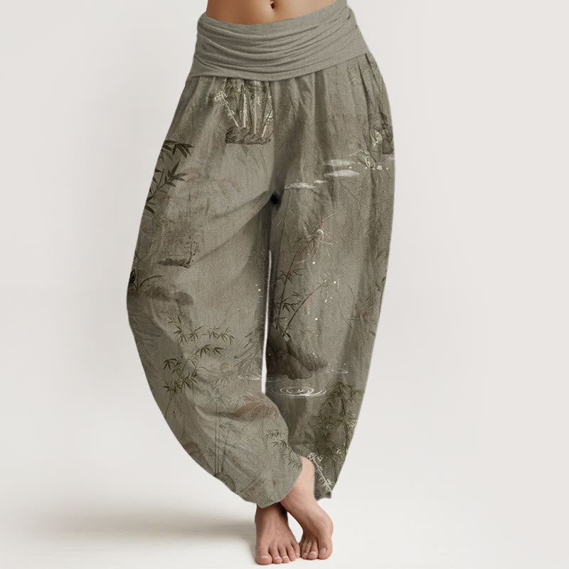 Casual Bamboo Rock Ink Painting Women's Elastic Waist Harem Pants