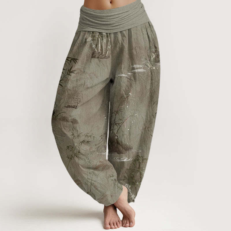 Casual Bamboo Rock Ink Painting Women's Elastic Waist Harem Pants