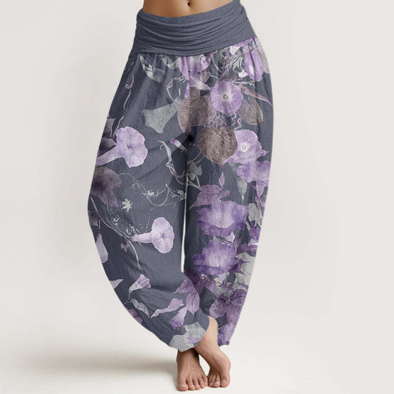 Entwined Morning Glories Pattern Women's Elastic Waist Harem Pants