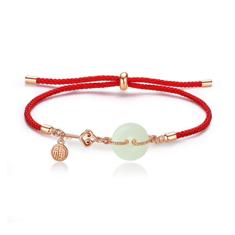 Natural Hetian Jade Peace Buckle 925 Sterling Silver Red String Fu Character Protection Luck Bracelet