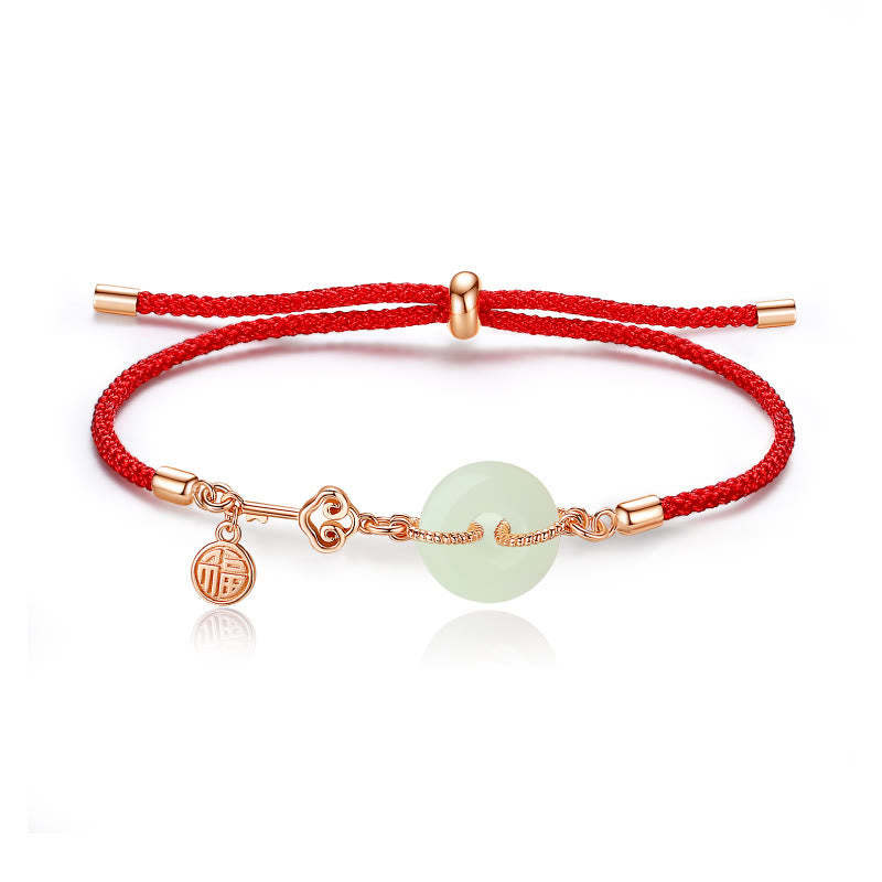 Natural Hetian Jade Peace Buckle 925 Sterling Silver Red String Fu Character Protection Luck Bracelet