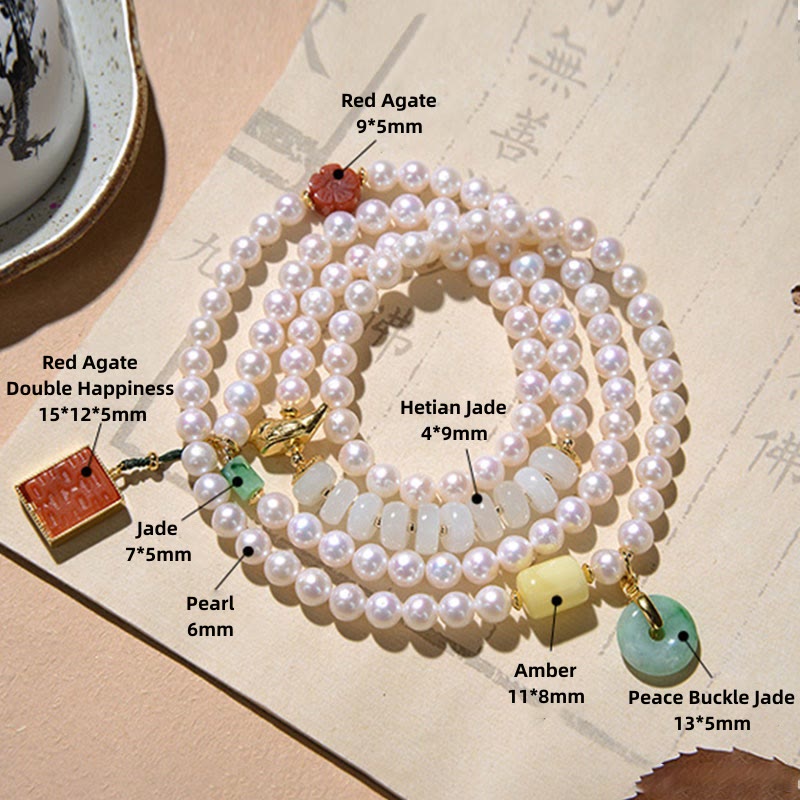 925 Sterling Silver Pearl Hetian Jade Red Agate Double Happiness Amber Luck Quadruple Wrap Bracelet