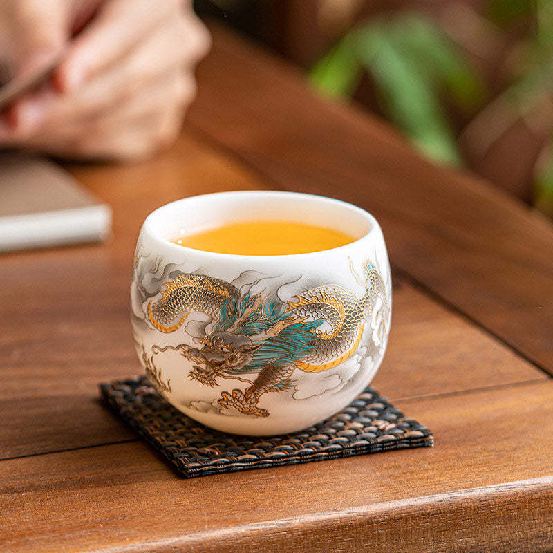 Dragon Phoenix Auspicious Clouds Ceramic Teacup Kung Fu Tea Cup With Gift Box