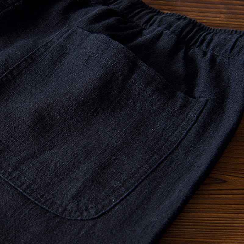 Casual Solid Color Simple Design Drawstring Ramie Linen Men's Pants With Pockets
