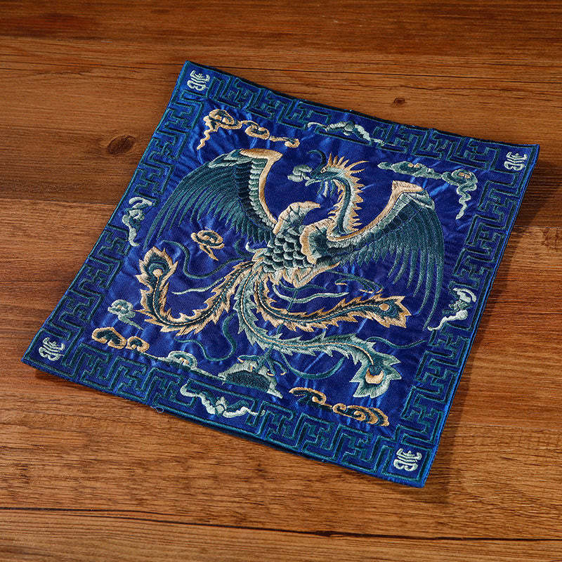 Crane Phoenix Dragon Kirin Embroidered Cup Mat Pad Tea Cup Coaster Square Kung Fu Tea Mat