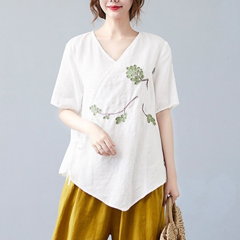 Summer Casual Ethnic Embroidery Flower Lace-up Short Sleeve V-neck Cotton Linen Women's T-Shirt