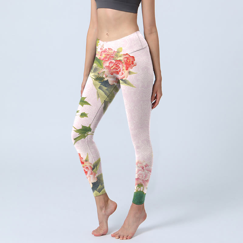 Hibiscus Flowers And Leaves Print Gym Leggings Women's Yoga Pants