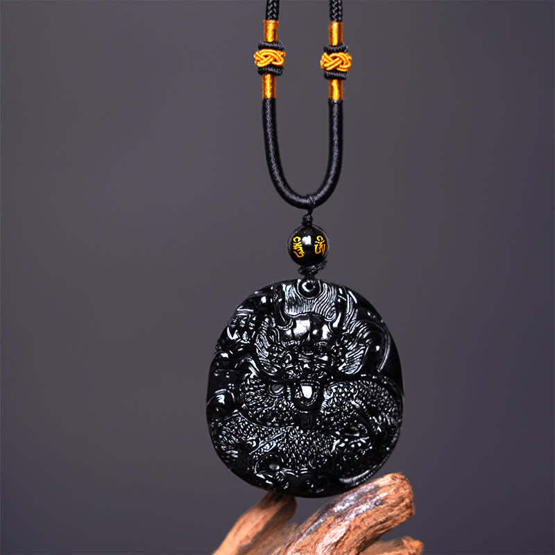 Natural Black Obsidian Round Dragon Carved Protection Necklace Pendant