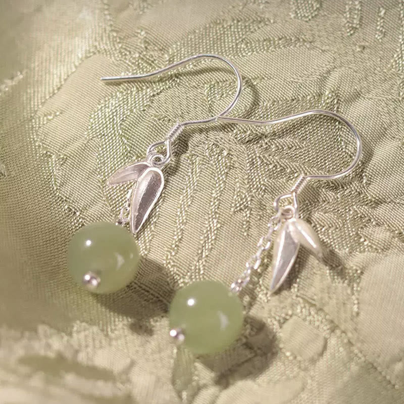 999 Sterling Silver Hetian Jade Bead Bamboo Leaf Luck Drop Dangle Earrings