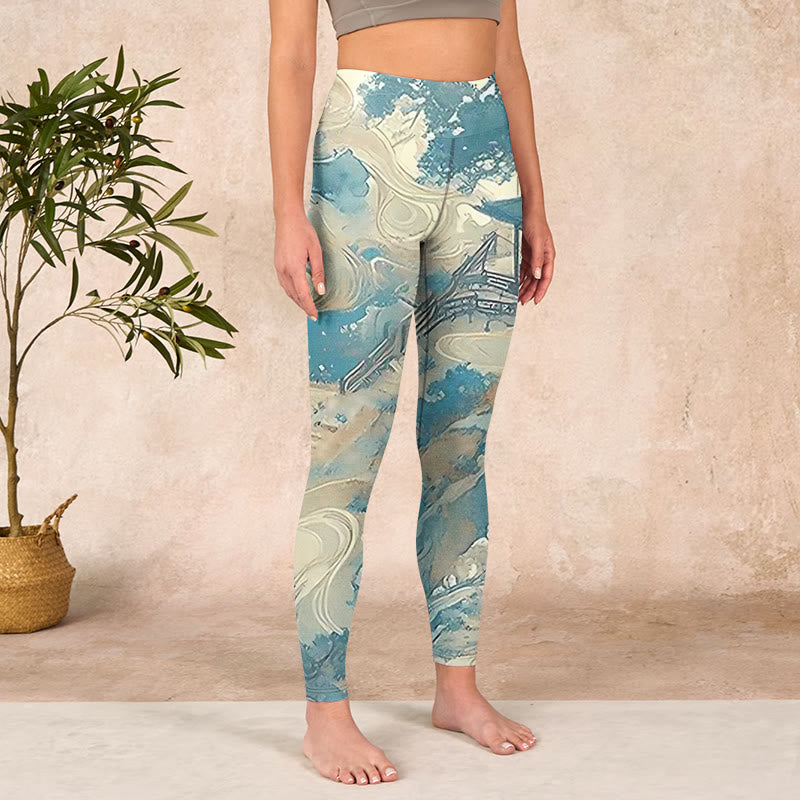 Chinese Architecture Dark Sea Green Print Fitness Leggings Women's Yoga Pants
