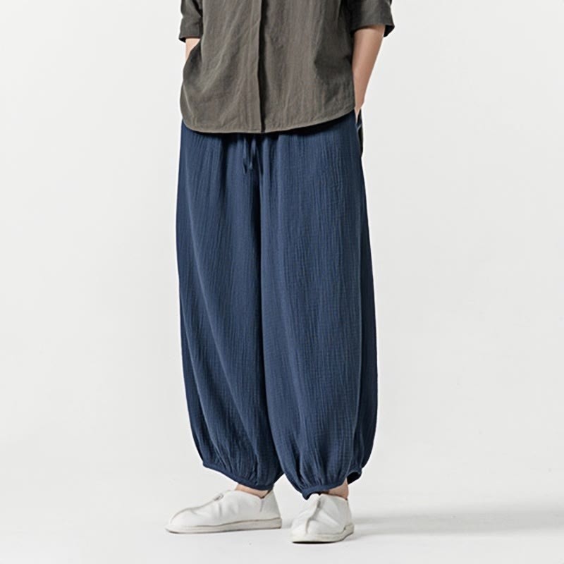 Soft Solid Color Drawstring Cotton Men's Pants With Pockets