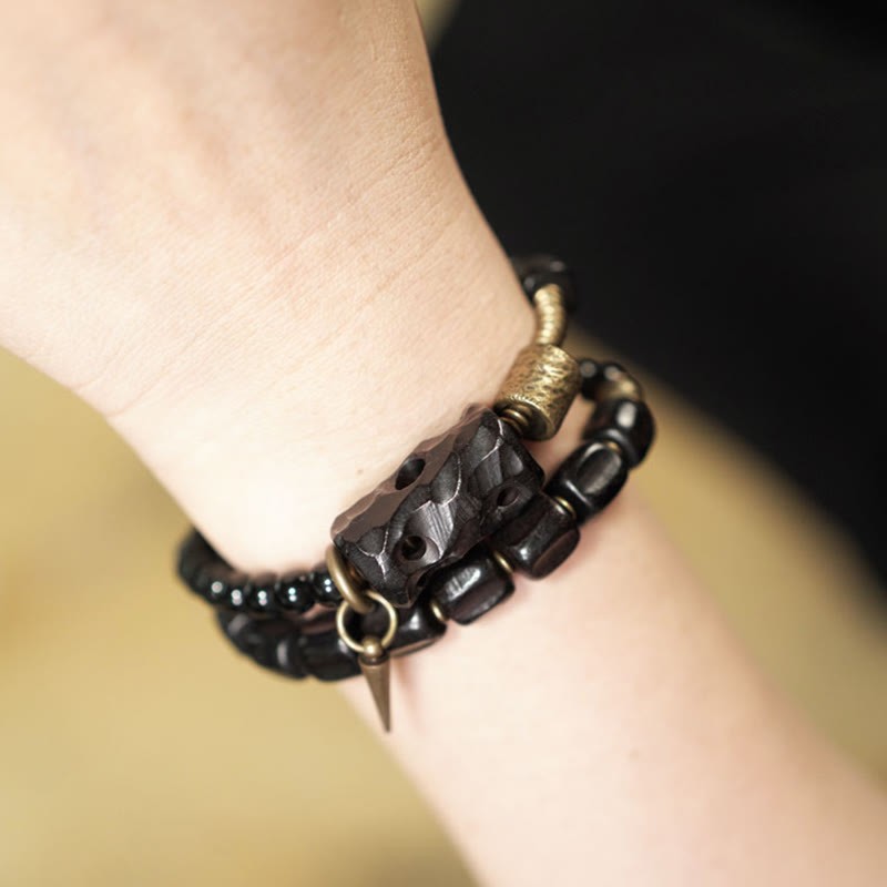 Ebony Wood Black Obsidian Copper Brass Peace Double Wrap Bracelet
