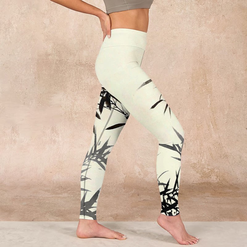 Ink Painting Bamboo Leaves Print Sports Leggings Women's Yoga Pants