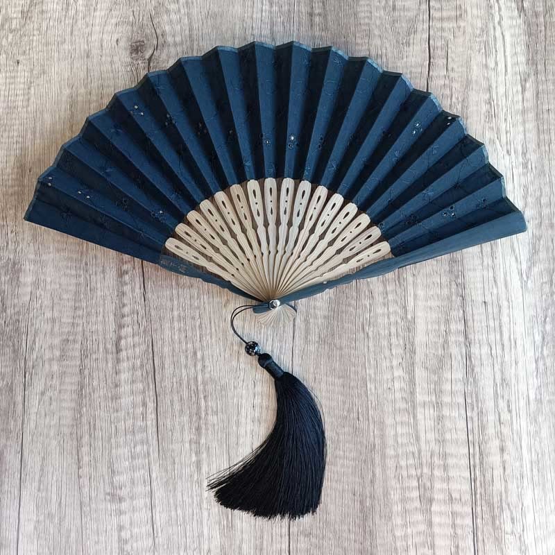Solid Color Hollow Flowers Embroidery Cotton Fabric Handheld Bamboo Folding Fan