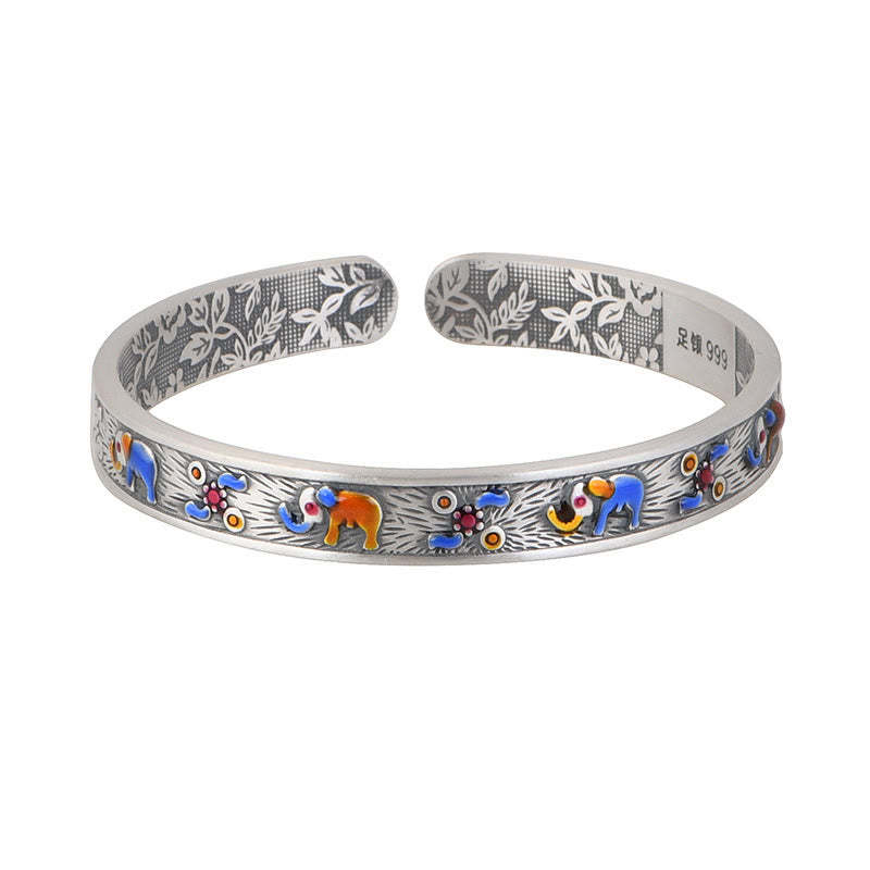 999 Sterling Silver Elephant Strength Wisdom Bracelet Cuff Bangle
