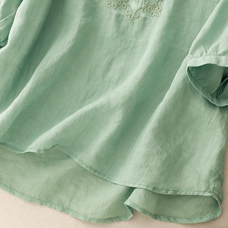 Casual Women's Plain Frog Buckle Design Half Sleeve Cotton Linen Shirt