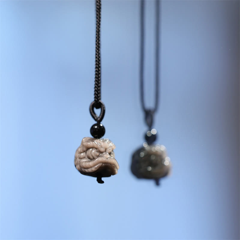 Natural Silver Sheen Obsidian Dancing Lion Protection Necklace Pendant
