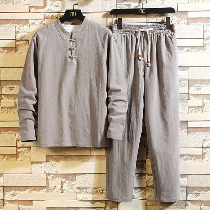 Tang Suit Pure Color Frog-Button Long Sleeve Shirt Pants Cotton Men's Suit