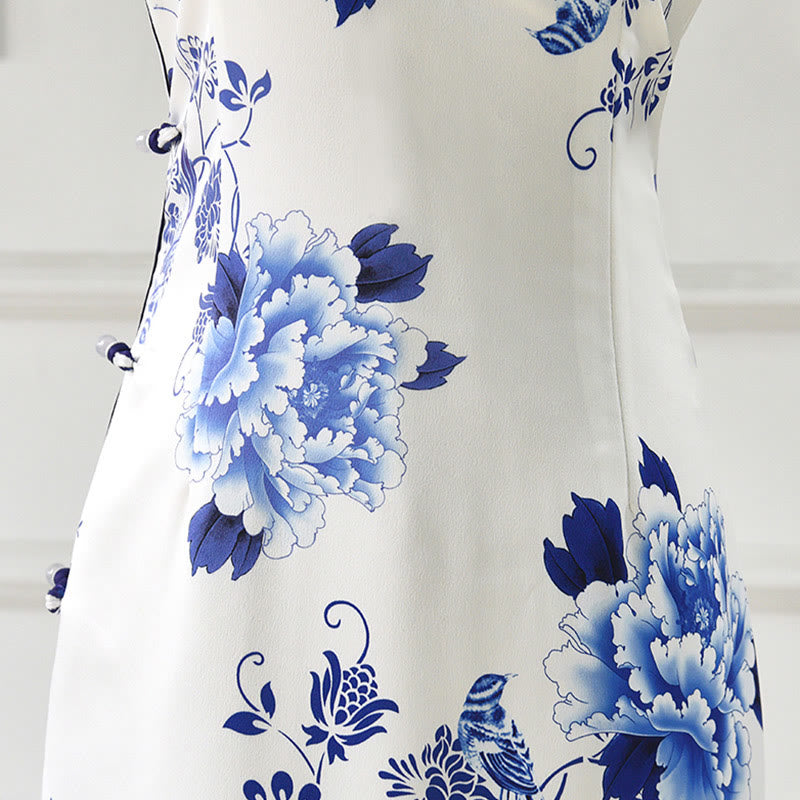 Blue And White Porcelain Color Peony Flower Pattern Cheongsam Dress Women's Qipao Dress