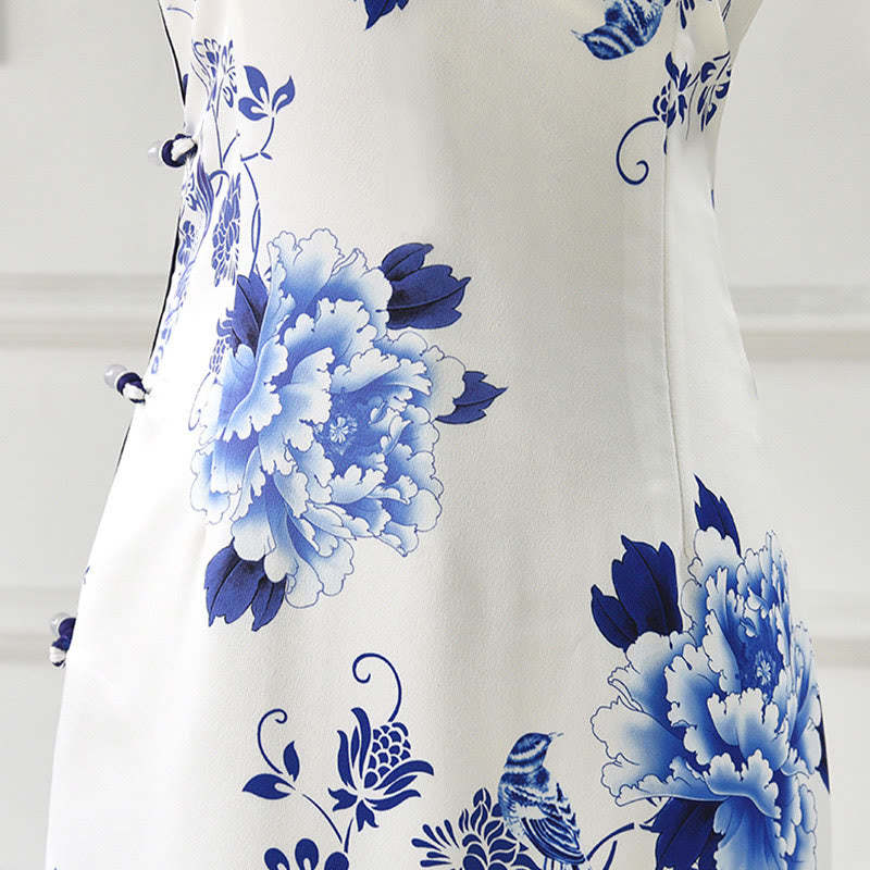 Blue And White Porcelain Color Peony Flower Pattern Cheongsam Dress Women's Qipao Dress