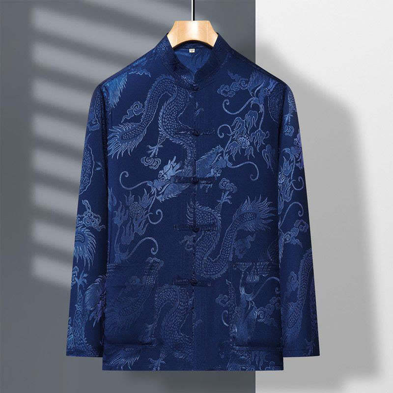 2Pcs Tang Suit Dragon Frog-Button Men's Long Sleeve Shirt Pants Clothing Set