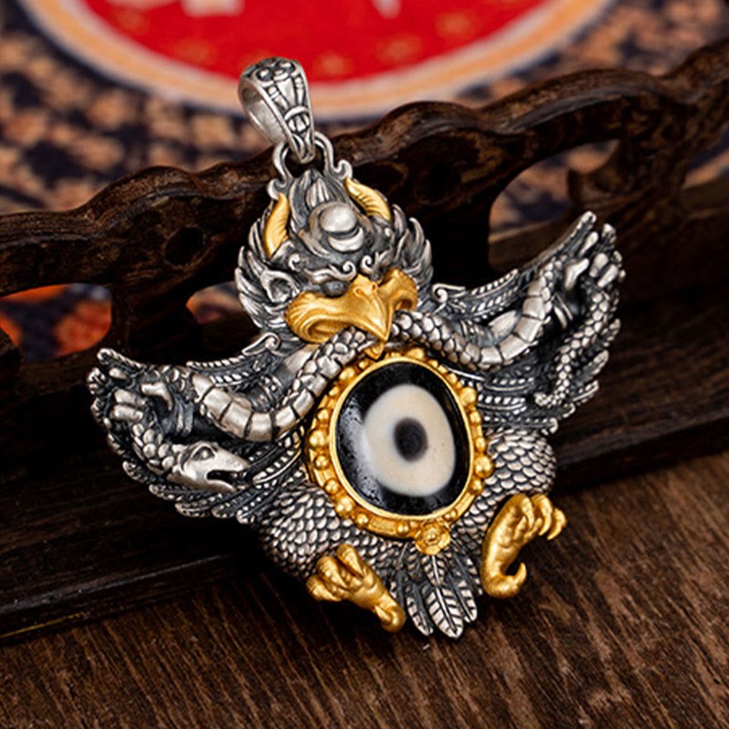 925 Sterling Silver Tibet Garuda Bird Dzi Bead Protection Necklace Pendant