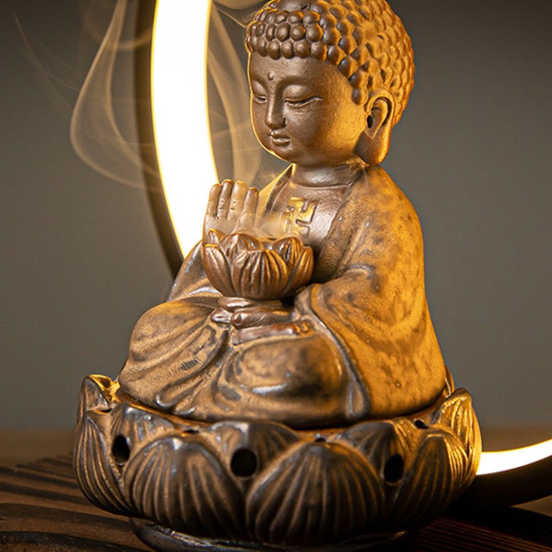 mystic zen Lotus Backflow Smoke Fountain Ceramic Blessing Incense Burner With Light Decoration